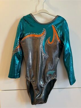 Alpha Factor Teal and Silver Gymnastics Leotard with Orange Accents - Size CME